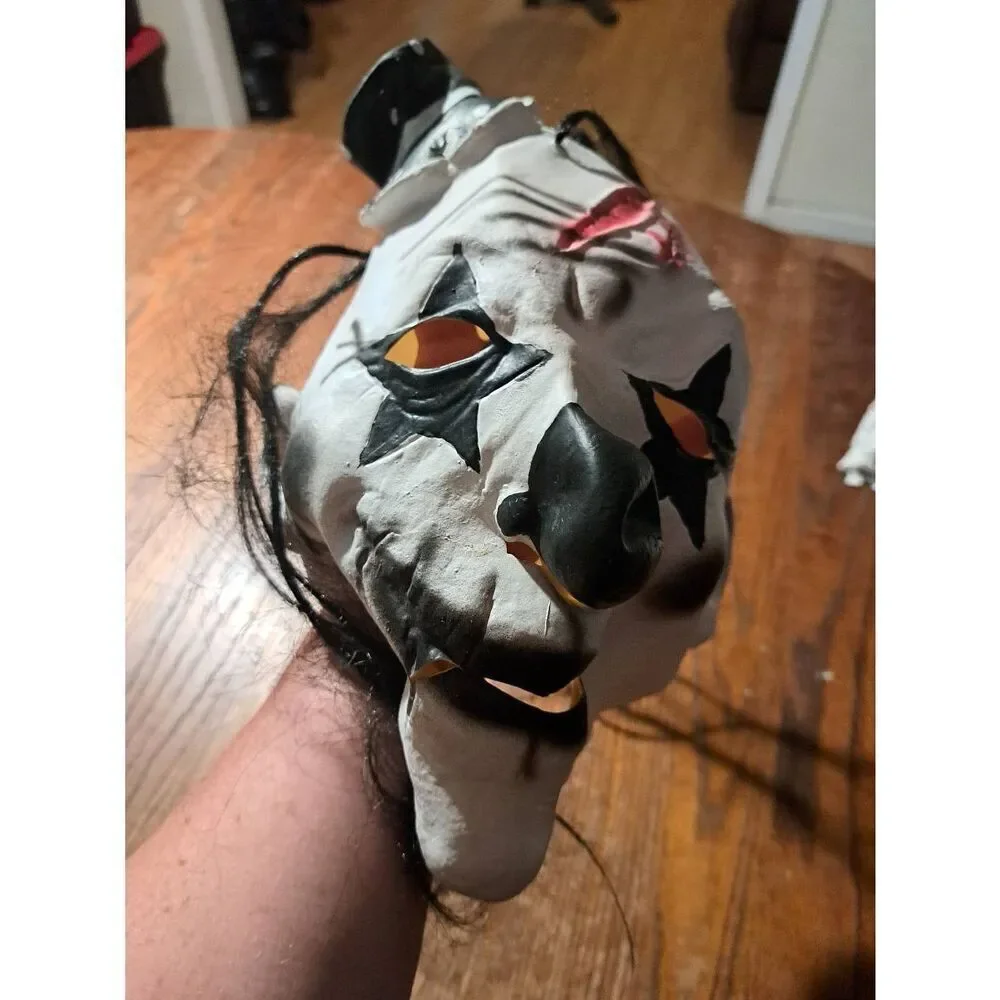 Scary Black White Clown Latex Mask w Top Hat Hair Halloween Cosplay Adult Creepy